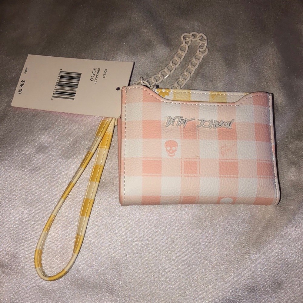 Betsey Johnson Pink Multi Gingham Skull Print Bifold Wallet Pullout CC Case NWT